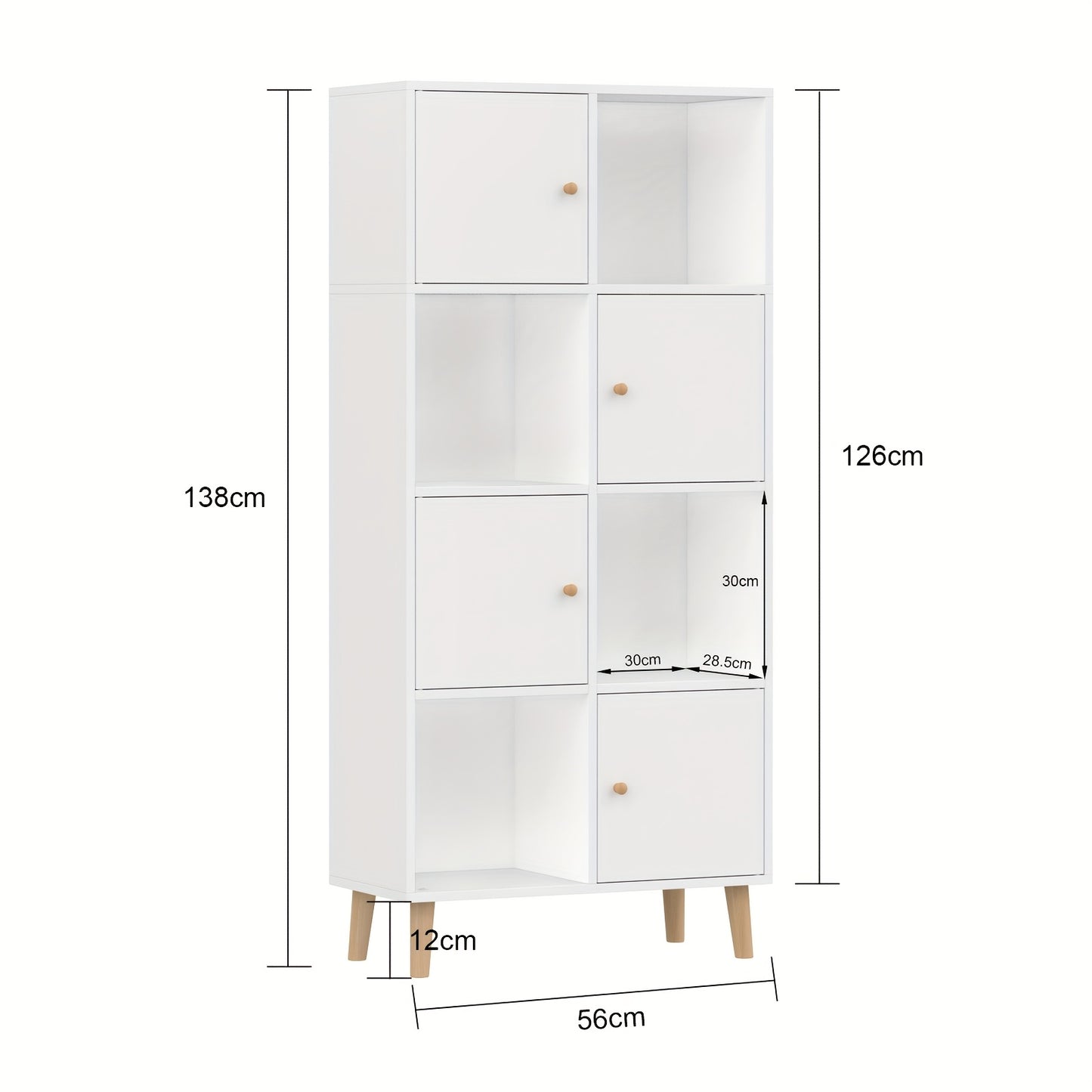 Boekenkast – Boekenrek – Opbergkast – Vakkenkast – Wandkast – Wit Hout – 4 Deuren & 8 Vakken – 64,5x30x140,5 cm – Vrijstaand & Stevig