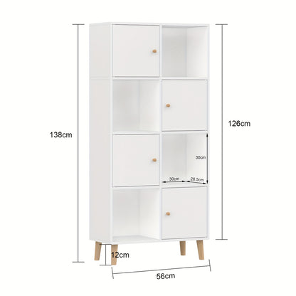 Boekenkast – Boekenrek – Opbergkast – Vakkenkast – Wandkast – Wit Hout – 4 Deuren & 8 Vakken – 64,5x30x140,5 cm – Vrijstaand & Stevig