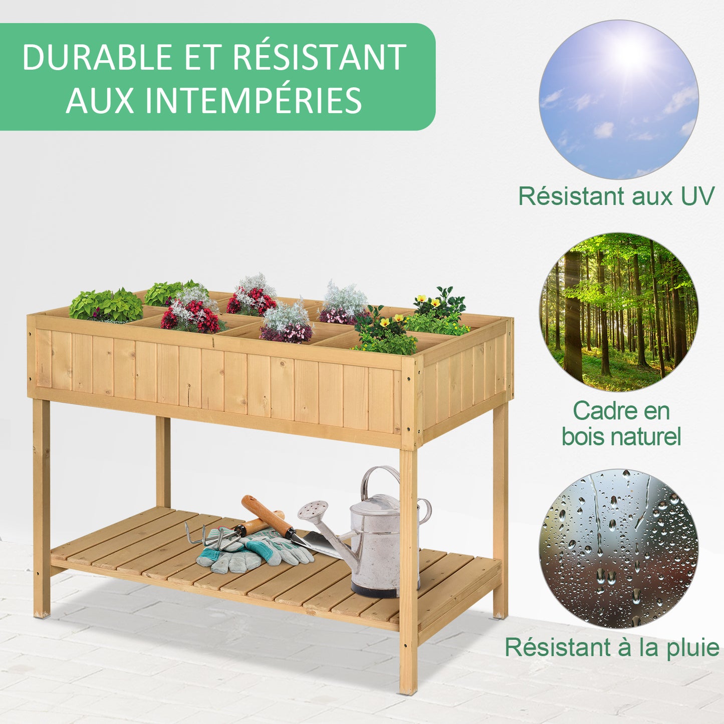 Houten Plantenbak – Bloembak – Plantenbak Met Voeten – Plantenbak Met Opbergrek – Plantenbak Met Irrigatie – 8 Compartimenten – 110x46x76 cm