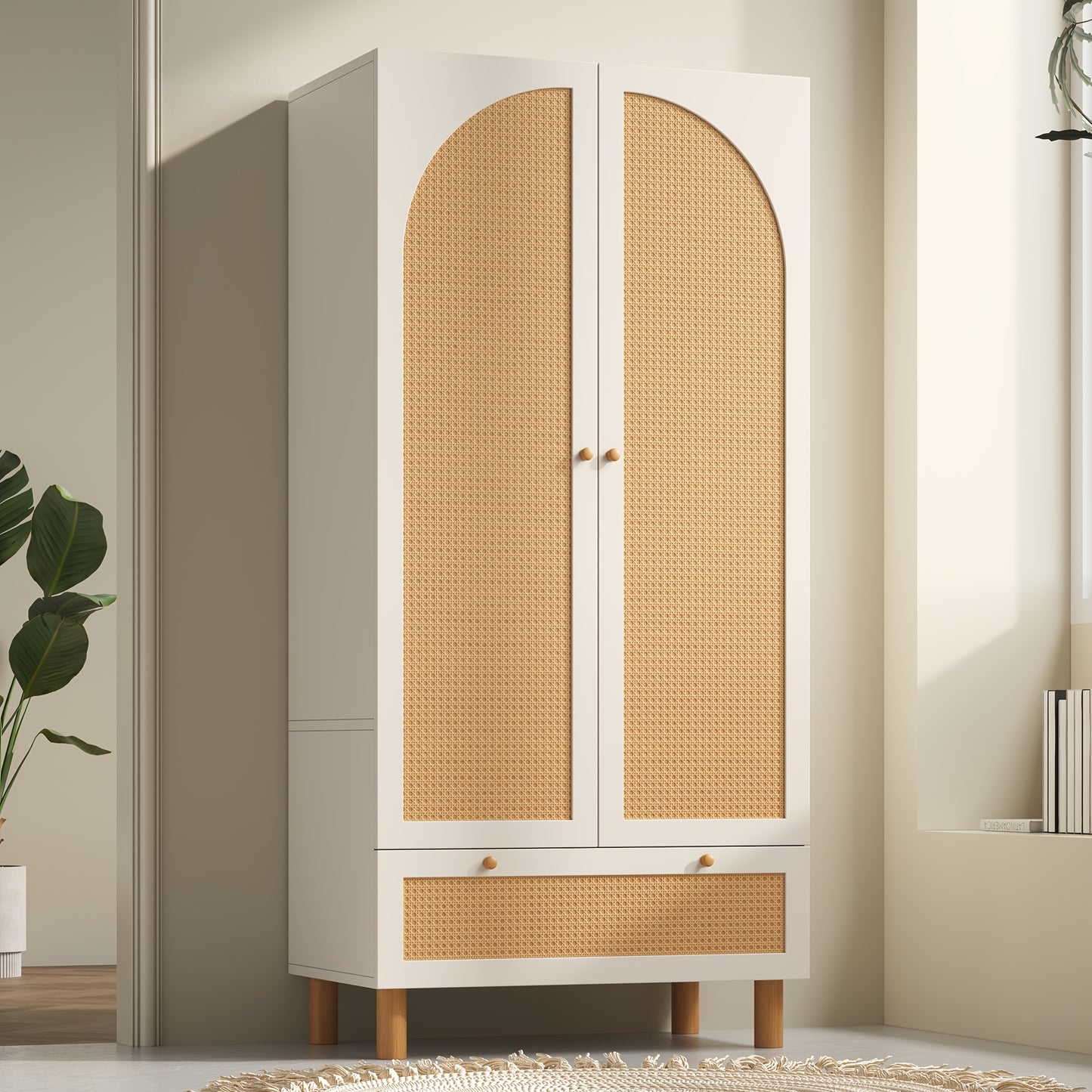 Kastenunit – Opbergkast – Kabinet – Dressoir – Ladekast – Tegen Kantelen – Verstelbare Planken – Rieten Deuren – Vrijstaand – Wit Houtkleur