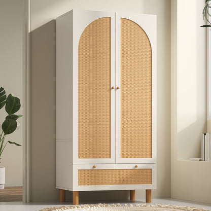 Kastenunit – Opbergkast – Kabinet – Dressoir – Ladekast – Tegen Kantelen – Verstelbare Planken – Rieten Deuren – Vrijstaand – Wit Houtkleur