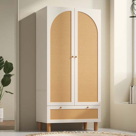 Kastenunit – Opbergkast – Kabinet – Dressoir – Ladekast – Tegen Kantelen – Verstelbare Planken – Rieten Deuren – Vrijstaand – Wit Houtkleur