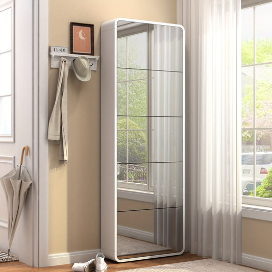Schoenenkast – Schoenopberger – Schoenmeubel – Schoenrek – Schoenenrekje – Met Volledige Spiegel – 5 Kippende Laden – Wit Houtlook