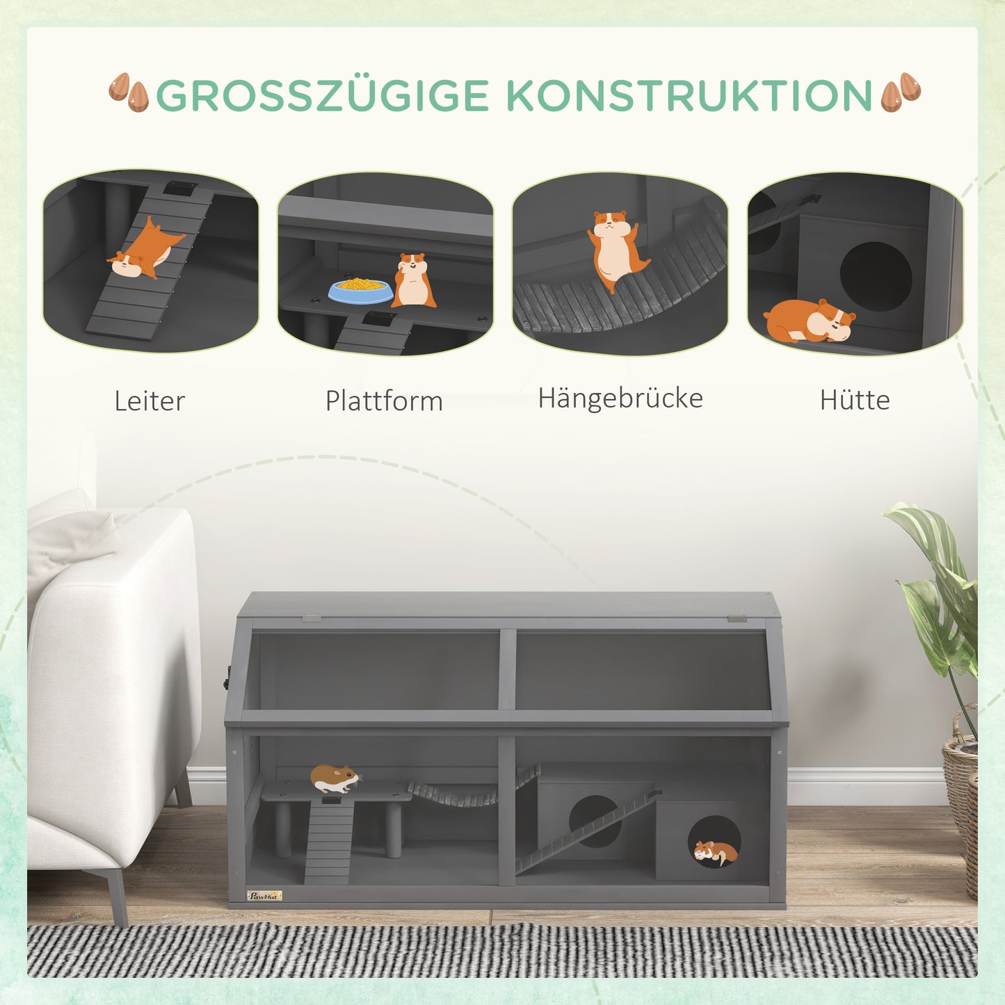 Knaagdierkooi – Kleine Dieren Kooi – Hamsterkooi – Gerbil Kooi – Muis Kooi – Donkergrijs – Grenenhout Met Acryl Front – 100x52x50 cm – Inclusief Ladders, Platform En Schommelbrug