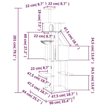 Kattenklimrek – Krabpaal – Krabton – Kattenboom – Klimpaal – Grijs – Stevig Multiplex – 201 cm Hoog