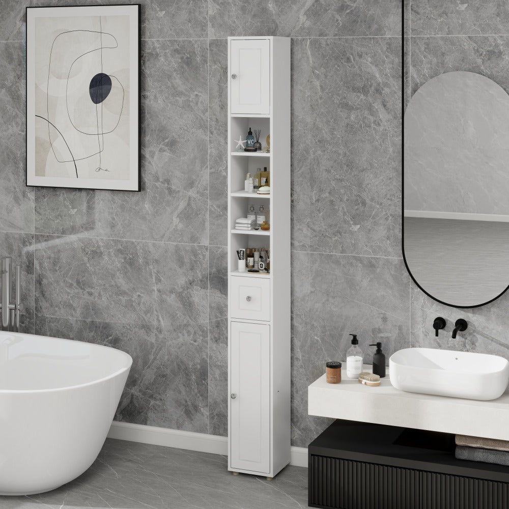 Badkamerkast – Medicijnkast – Kolomkast – Opbergkast – Wastafelonderkast – Hoog en Slank – 180 cm – 2 Deuren, 1 Lade, 4 Verstelbare Planken – Vrijstaand – Wit