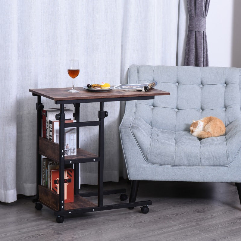 HOMCOM Heavy-Duty Adjustable Height Side Table with Wheels - Extendable/Retractable End Table, Space-Saving Mobile Desk, Sturdy Metal Construction, Easy Assembly for Living Room, Home Office, Bedroom - Modern Industrial Furni