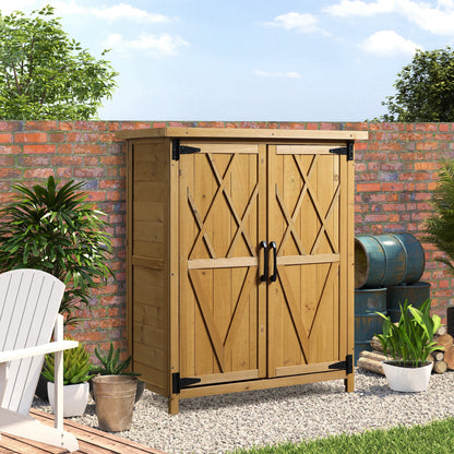 Outsunny Outdoor Garden Shed with 3 Shelves, 2 Doors, 75L x 40W x 90H cm, Yellow Pine Wood, Asphalt Roof