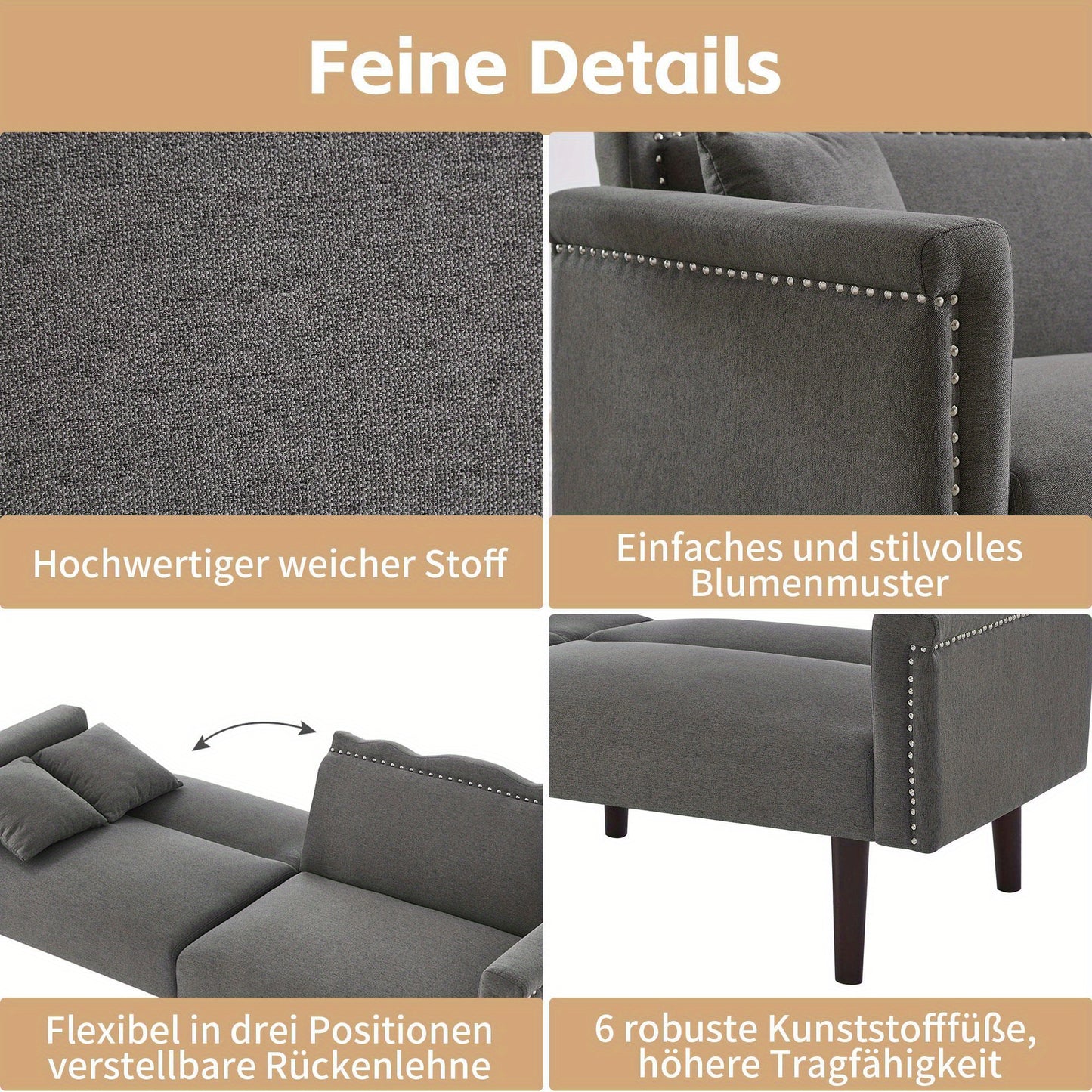 2-In-1 Bankbed – Slaapbank – Sofa Bed – Bedbank – Bank Sleeper – Verstelbare Rugleuningen – Houten Frame Donker Walnoot – Grijs – Comfortabel Schuim