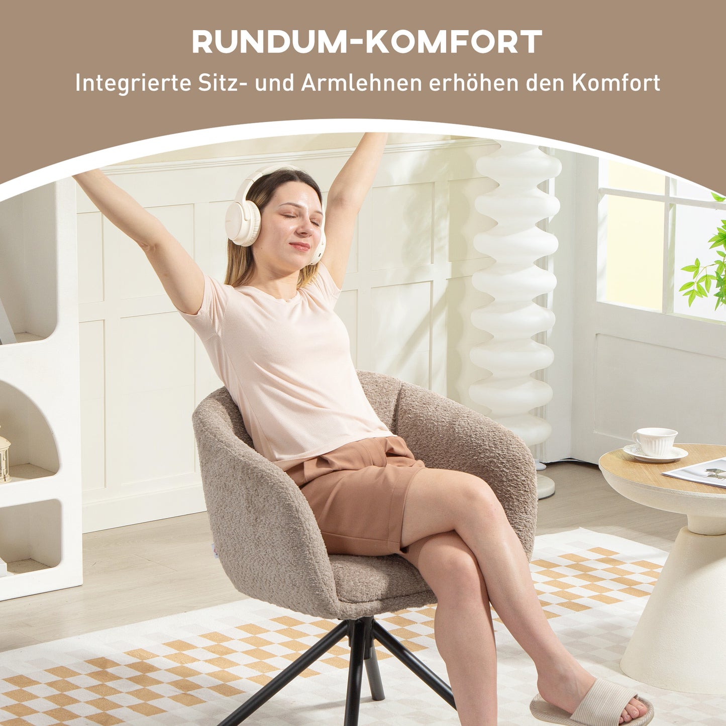 Draaifauteuil – Fauteuil – Loungestoel – Relaxstoel – Zithoekstoel – Lichtbruin – Zachte Bekleding – Draaibaar Tot 120 Kg