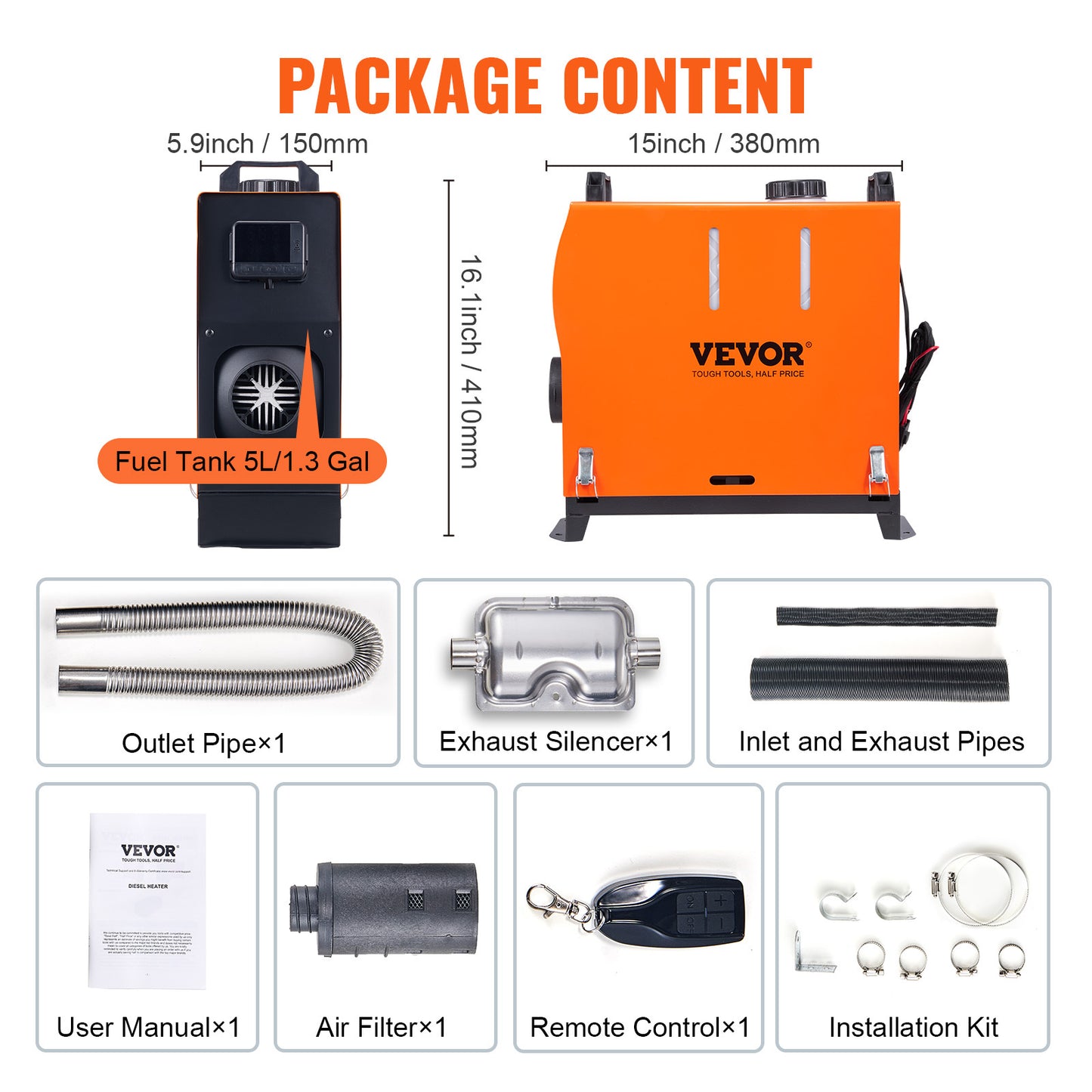 Dieselheater – Standkachel – Luchtverwarmer – Diesel Kachel – Mobiele Heater – 12V 5KW Vermogen – Afstandsbediening en LCD Display – 5 Liter Brandstoftank