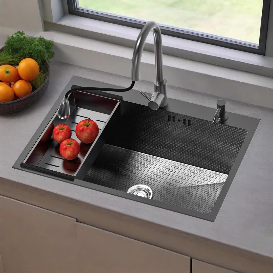 Black stainless steel sink, kitchen sink with drain basket and soap dispenser, stainless steel sink suitable for bathrooms, laundry rooms, restaurants, drop-in sink with drain kit, Drop-In Sink Application, Laundry Room Utili
