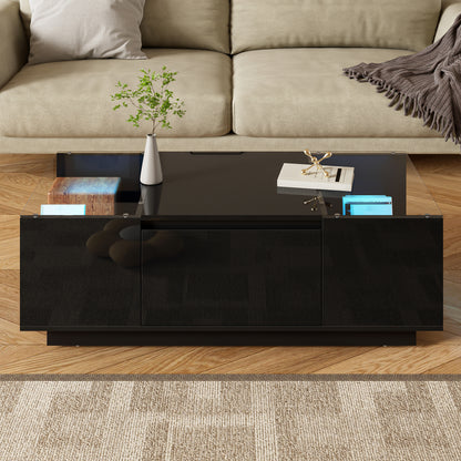 Moderne Salontafel – Woonkamertafel – Opvouwbare Tafel – Hoogglans Tafel – Opbergtabel – 105cm Breed – Glasblad Met 2 Lades – Zwart
