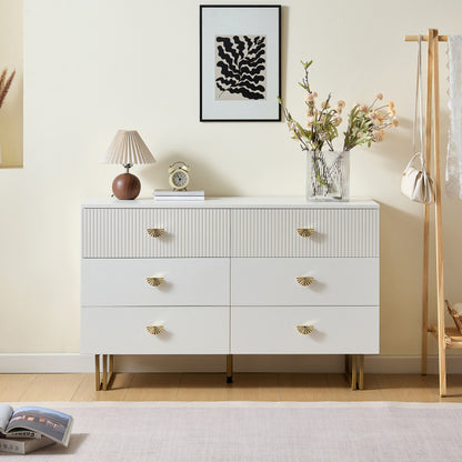 Dressoir – Kast – Ladekast – Opbergkast – Sideboard – Modern Design – 6 Laden – MDF & Stalen Poten – Wit Met Gouden Accenten – 120x40x75 cm