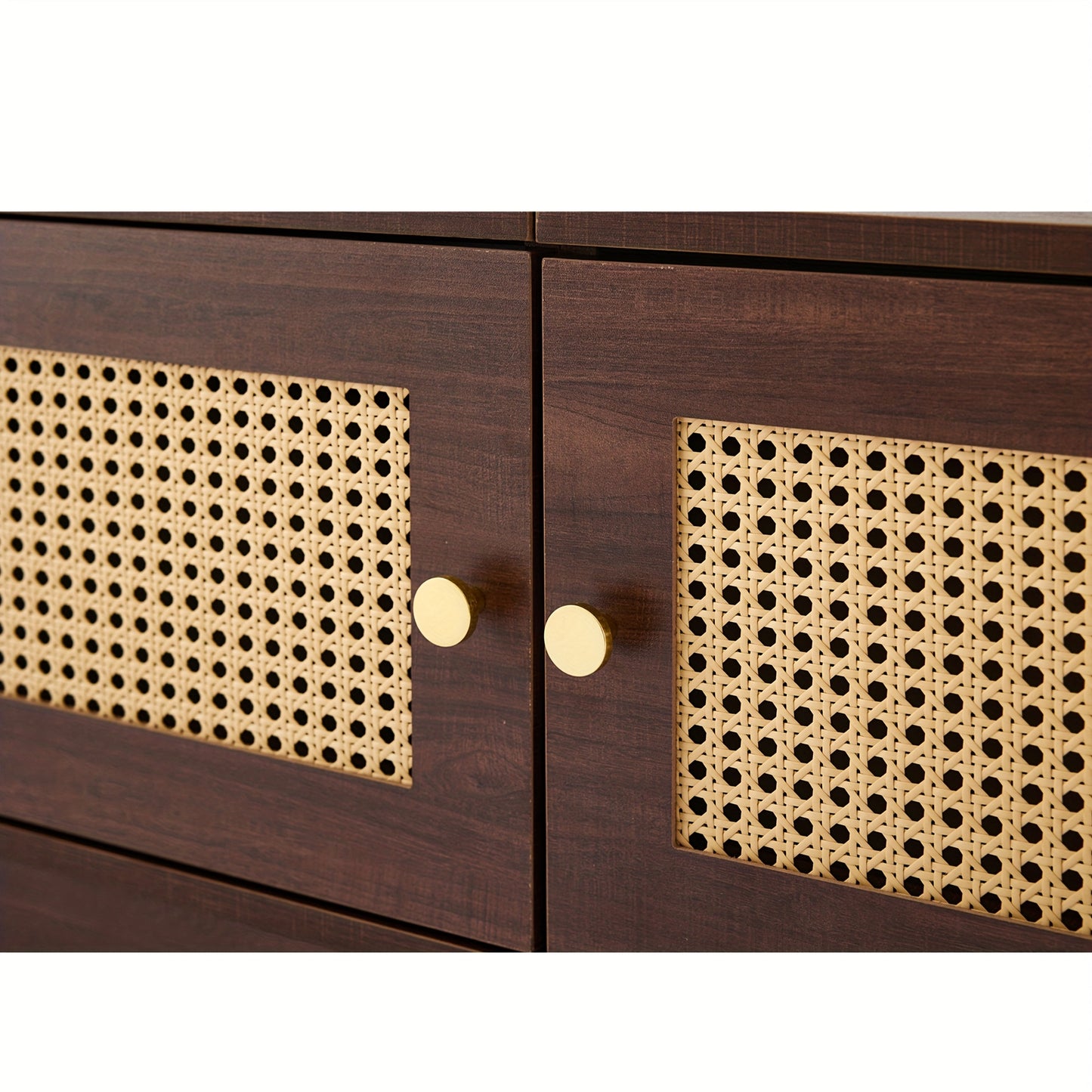 Modern TV Stand Compatible for 80-Inch TVs, Metal Frame with Dark Wood Grain, 2 Rattan Doors & 4 Drawers, Cable Management System & Hydraulic Hinge Doors - Media Console
