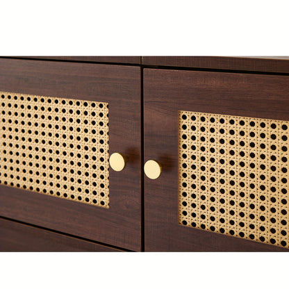 Modern TV Stand Compatible for 80-Inch TVs, Metal Frame with Dark Wood Grain, 2 Rattan Doors & 4 Drawers, Cable Management System & Hydraulic Hinge Doors - Media Console