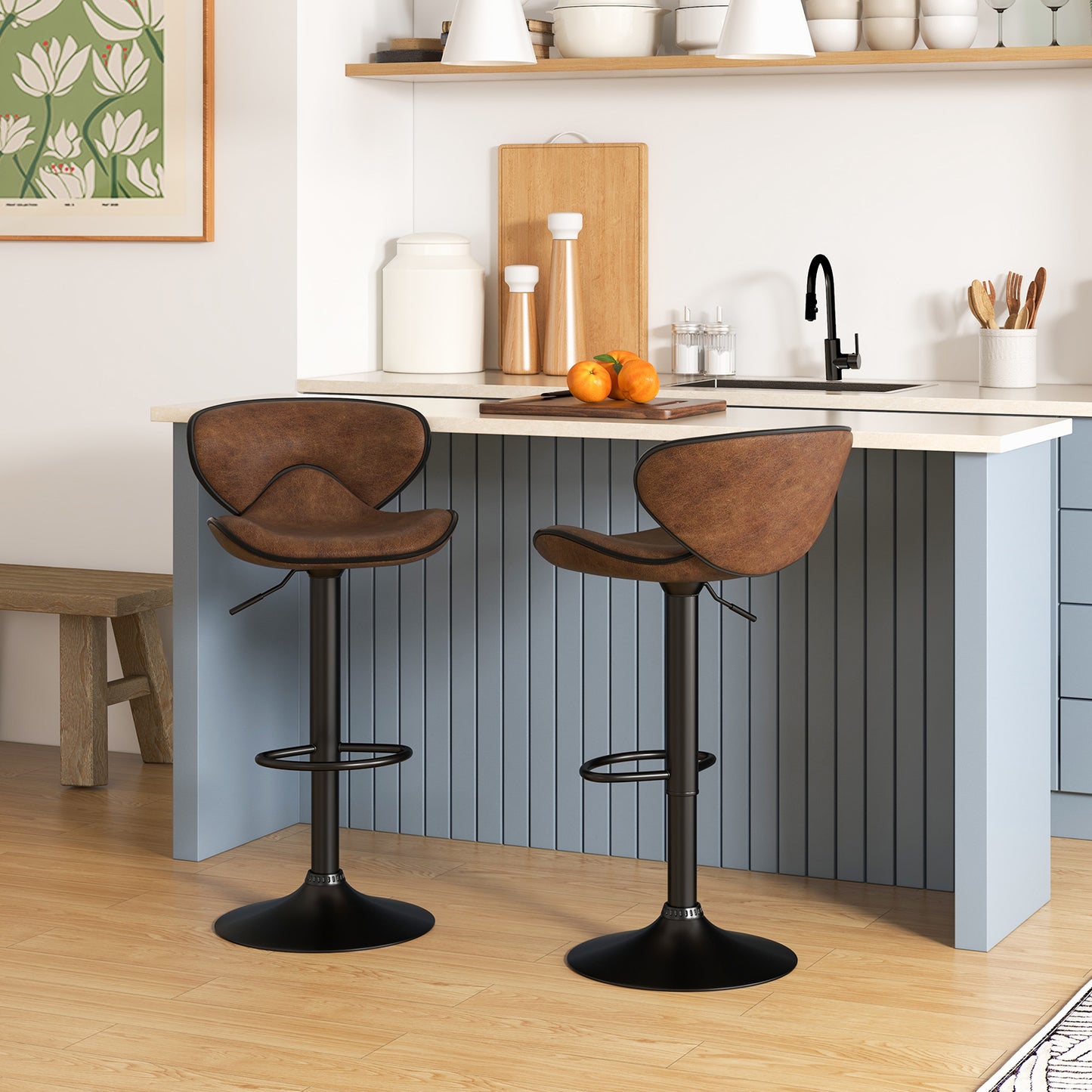 Barkrukken – Barstoelen – Hoge Stoelen – Keukenkrukken – Zithoogte Verstelbaar – 360° Draaibaar – Met Padded Rugleuning – Met Stabiel Metalen Frame