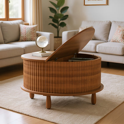 Salontafel – Koffietafel – Bijzettafel – Woonkamertafel – Tafel – Modern Rond – Verborgen Opbergruimte – Stevig Massief Hout