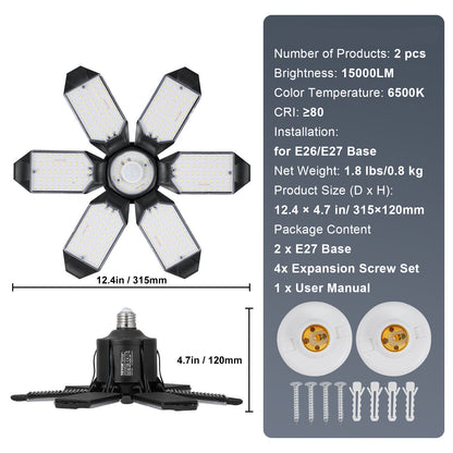 Garagelamp – Garageverlichting – LED Lamp – Werkplaatslamp – Plafondlamp – 15000 Lumen – 6 Verstelbare Panelen met Bewegingssensor