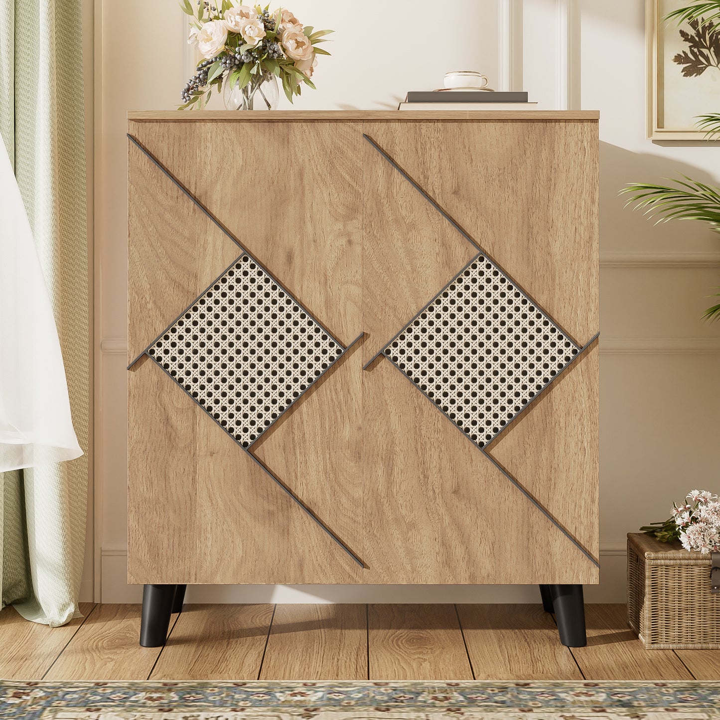 Schoenenkast – Schoenopbergkast – Schoenenrek – Schoenmeubel – Schoenenkast Hout – Modern Design – Decoratief Rattan Patroon – Compact 80x32x91 cm – Gesloten Deuren – Ruime Opbergruimte
