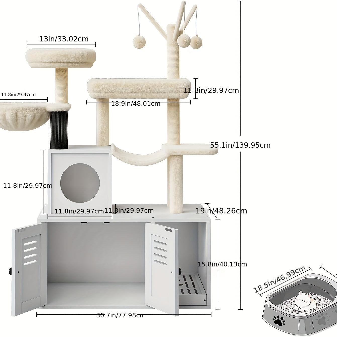 Kattenboom – Krabpaal – Speelhuis – Kattenmeubel – Kattentoren – Wit – Verborgen Kattenbak – Stevige Houten Constructie