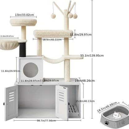 Kattenboom – Krabpaal – Speelhuis – Kattenmeubel – Kattentoren – Wit – Verborgen Kattenbak – Stevige Houten Constructie