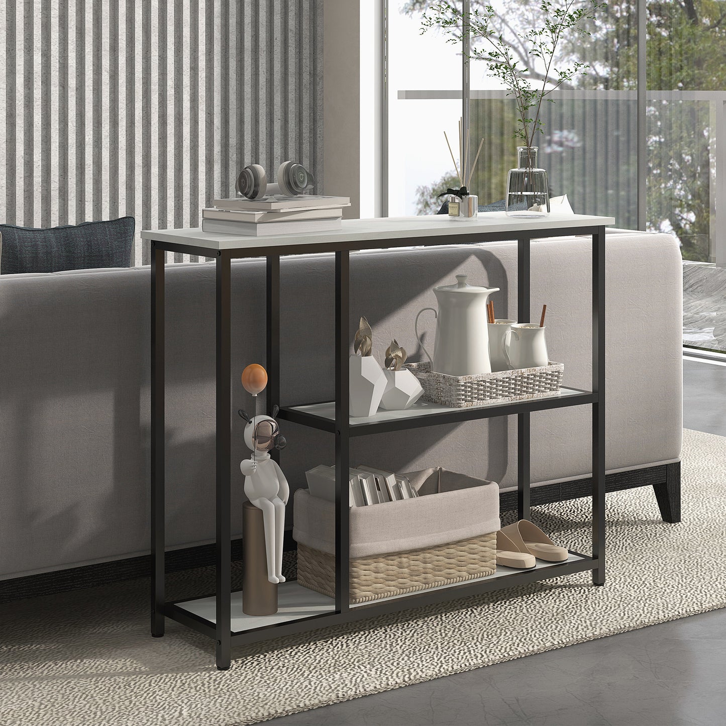 Sidetable – Sidetable Industrieel – Haltafel – ConsolTafel – Wandtafel – Zwart Wit Marmerlook – 2 Ruime Opbergniveaus – Stevig Zwart IJzeren Frame