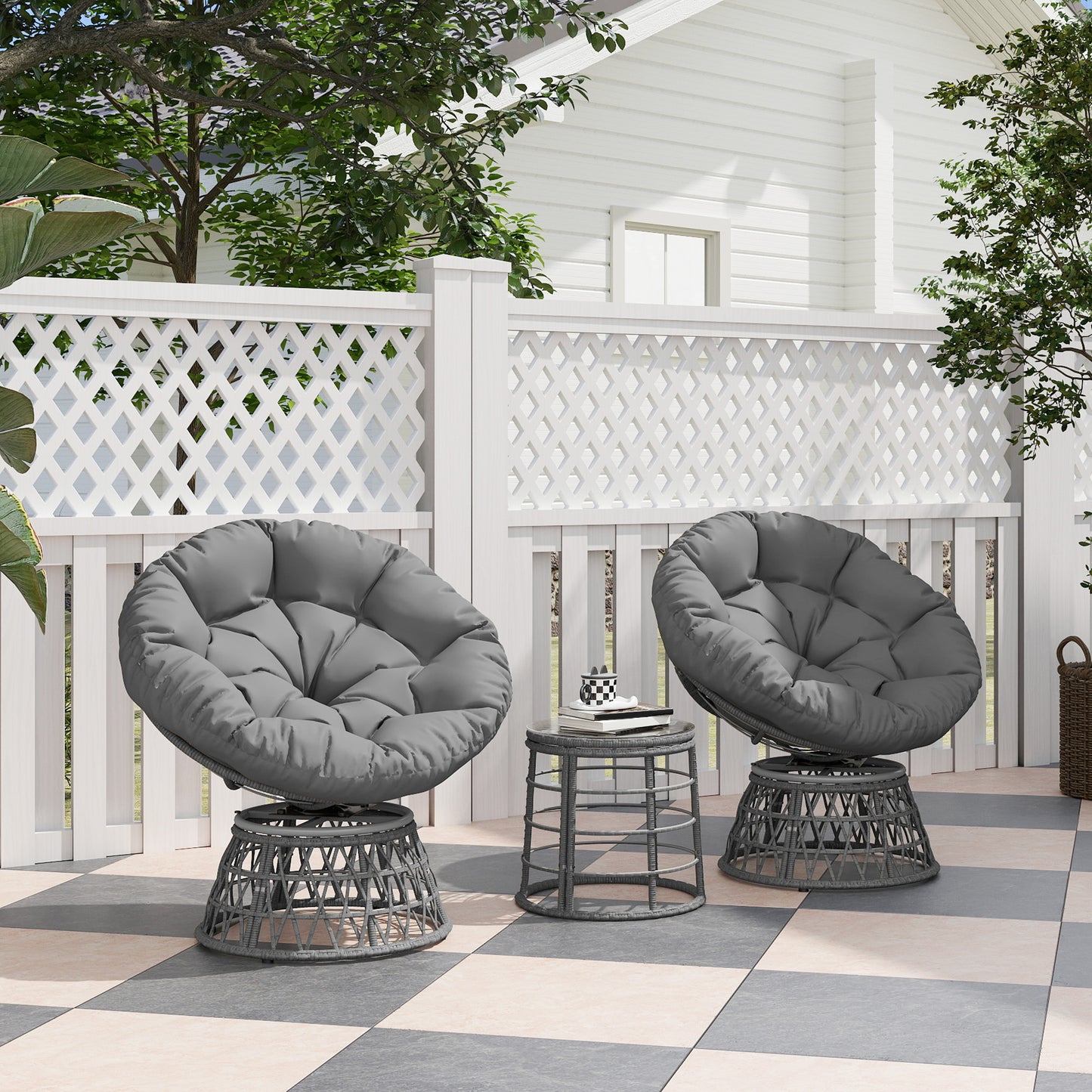 Tuinset – Tuinmeubelset – Loungeset – Balkonset – Tuinmeubelen – 2 Draaibare Papasan Fauteuils – 1 Ronde Bijzettafel – UV Bestendig Rattan Effect – 360° Draaibare Stoelen met Dikke Kussens