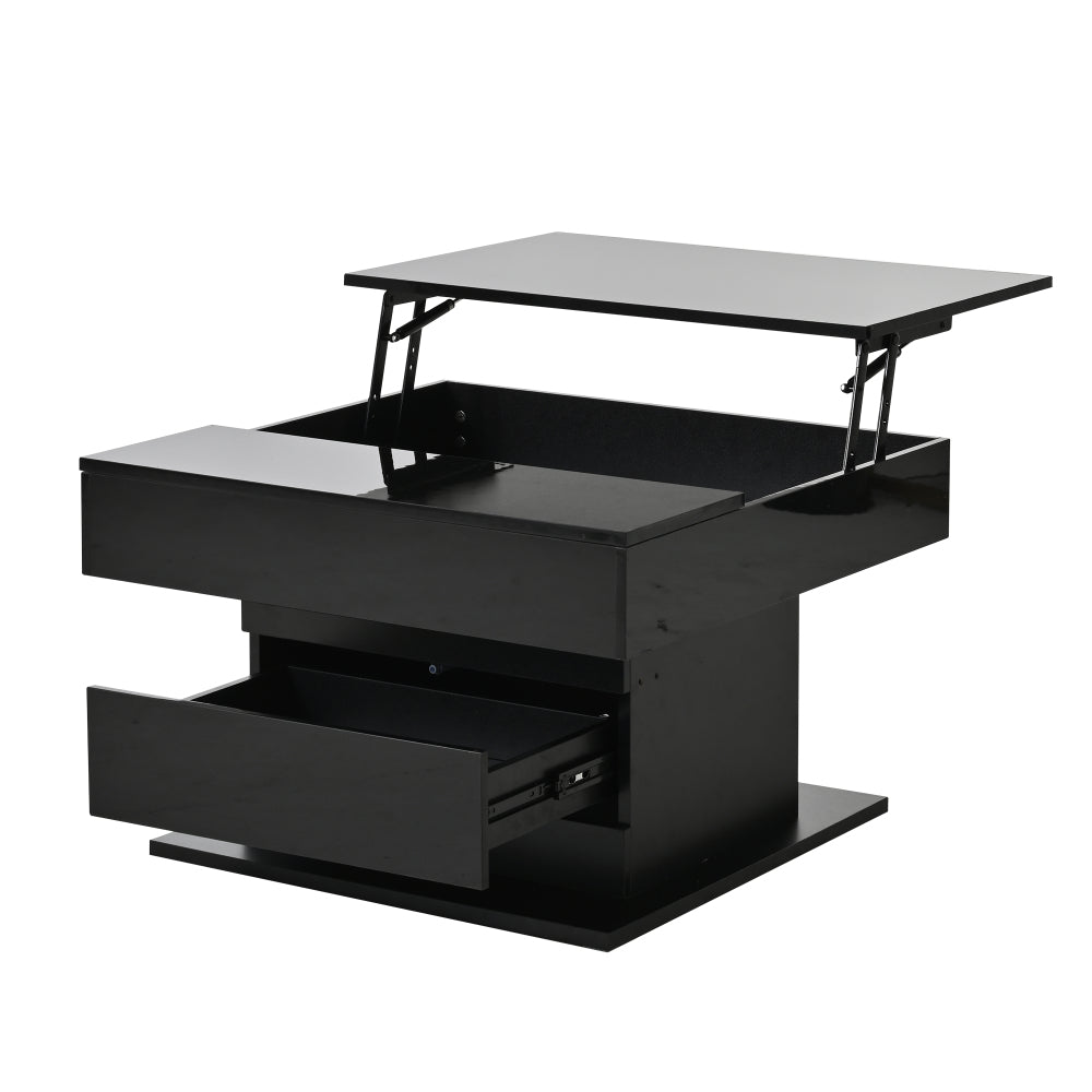 Geometric Coffee Table, 360° Rotating Top, Lift-Up Coffee Table with 1 Drawer, High-Gloss Living Room Table with Hidden Storage, Sofa Table, Side Table, Black