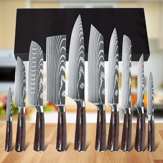 Koksmes Set – Keukenmessen – Chefsmessen – Santoku – Officemes – 10-Delig – Hoog-Koolstof Roestvrijstaal – Houten Handvatten