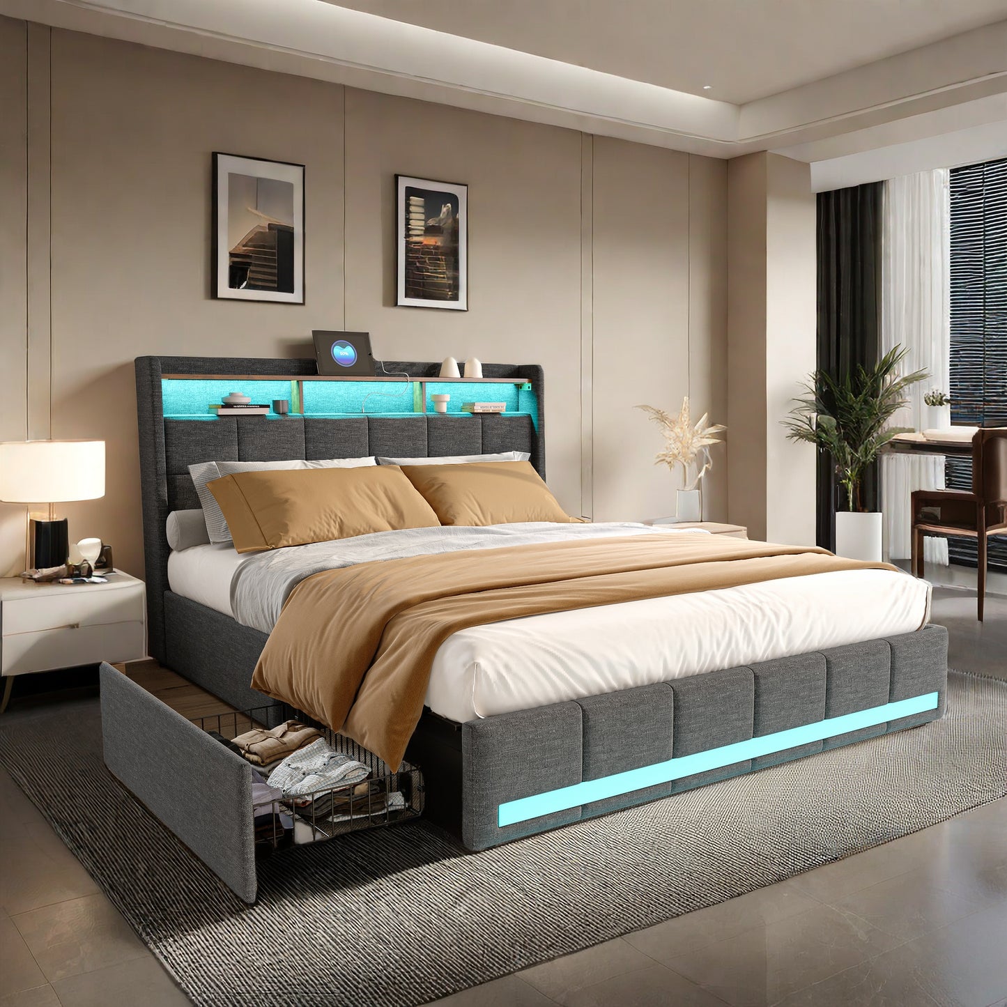 Tweepersoonsbed – Bedframe – Opbergbed – Bed Met Lades – Led Bed – 160x200 cm – Linnen Bekleding – Usb Oplaadpoort