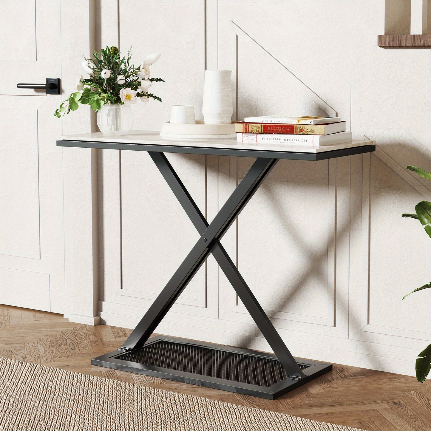Sidetable – Consoletafel – Haltafel – Wandtafel – Bijzettafel – Kunstmarmeren Blad – Metalen Frame – Verstelbare Voetpaden – Anti-Kantelbeveiliging