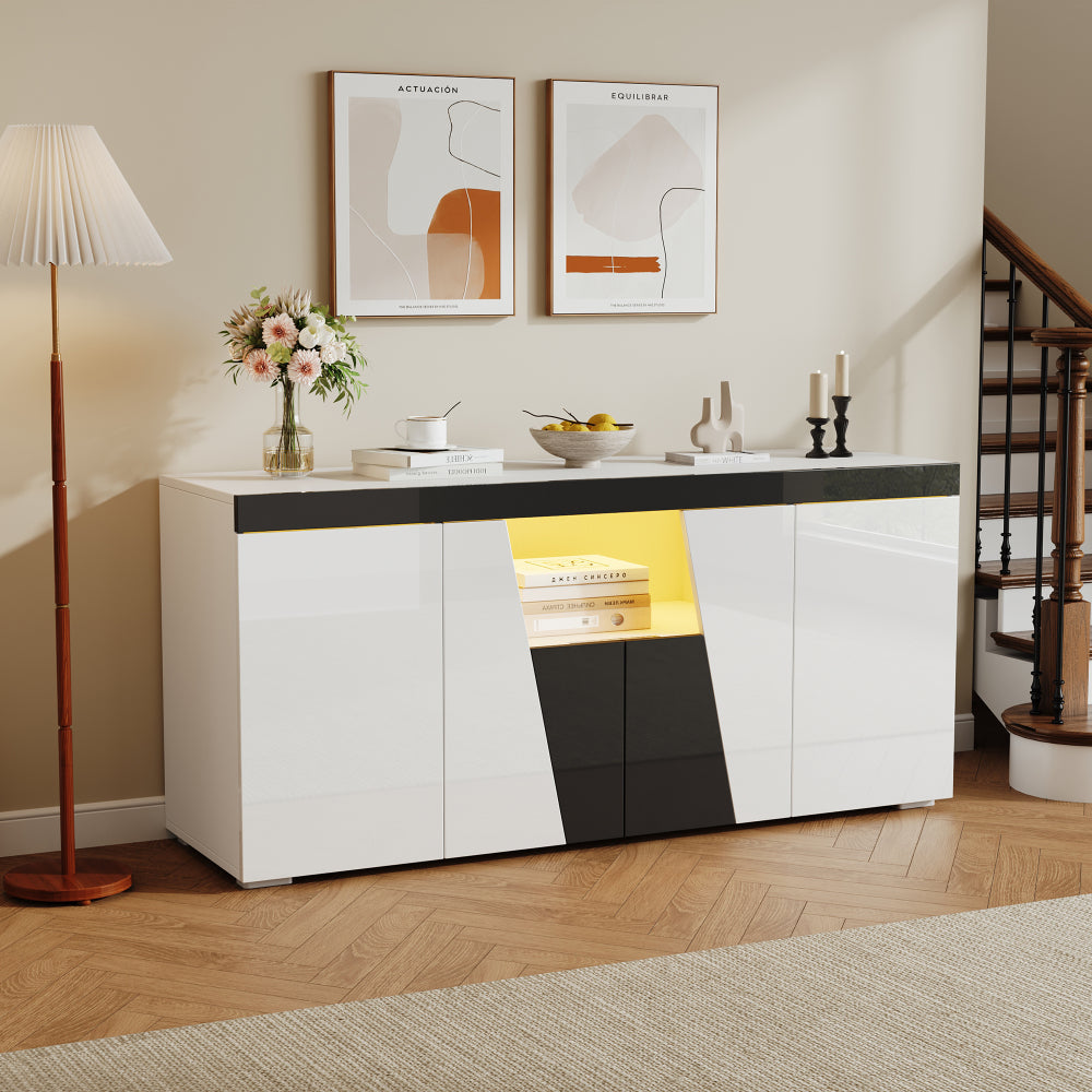 Modern Large Storage Cabinet with 3 Cabinets & 4 Doors - Angled Design Black & White Color Sideboard, Metal Frame Furniture Unit Suitable for Living Room, Entryway, Hallway - Space-Saving Vertical Shelving