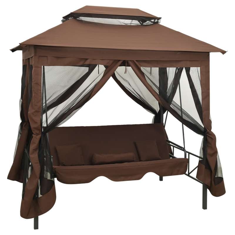 Schommelbank – Tuinschommel – Hollywoodschommel – Tuinbank – Schommelstoel – Verstelbare Luifel – Weerbestendig Stalen Frame – Inclusief 4 Comfortkussens – 220x160x240 cm – Koffiebruin