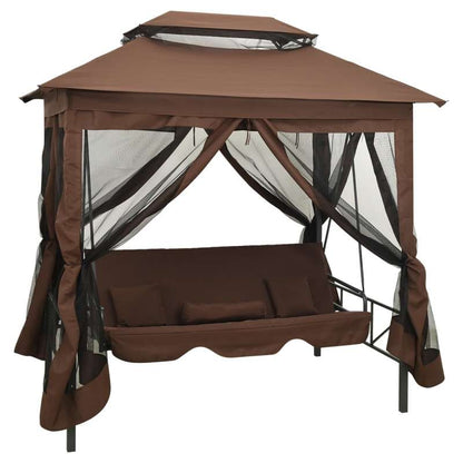 Schommelbank – Tuinschommel – Hollywoodschommel – Tuinbank – Schommelstoel – Verstelbare Luifel – Weerbestendig Stalen Frame – Inclusief 4 Comfortkussens – 220x160x240 cm – Koffiebruin