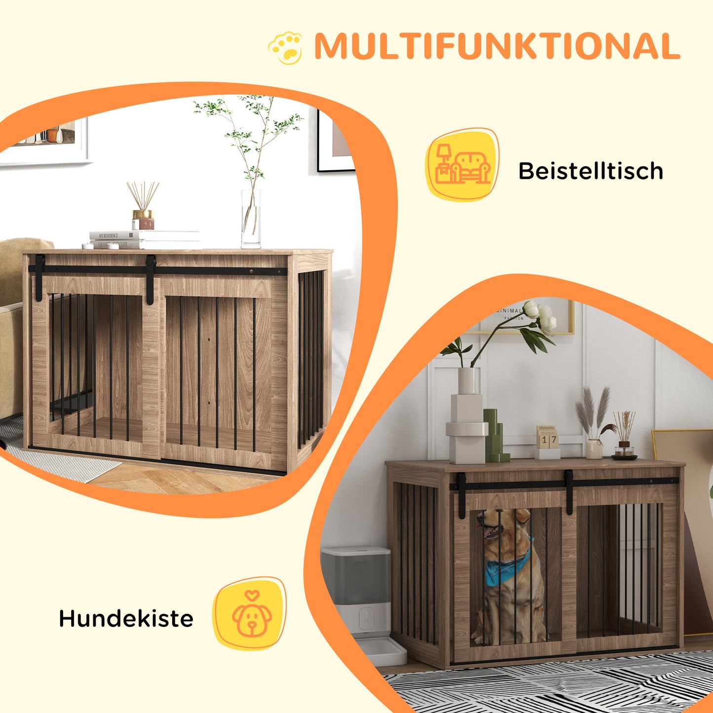 Hondenbench – Hondenkooi – Hondenhok – Dierenkooi – Benchkooi – Met Schuifdeur en Vergrendeling – Houtlook Notenhout Met Stalen Frame – 98x58x67 cm