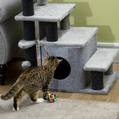 Krabpaal – Kattenboom – Kattenhuis – Kattenmeubel – Krabmeubel – Verstelbare 3-4 Treden – Zachte Beklede Trap – Stevig Spaanplaat – Met Knusse Slaapcave