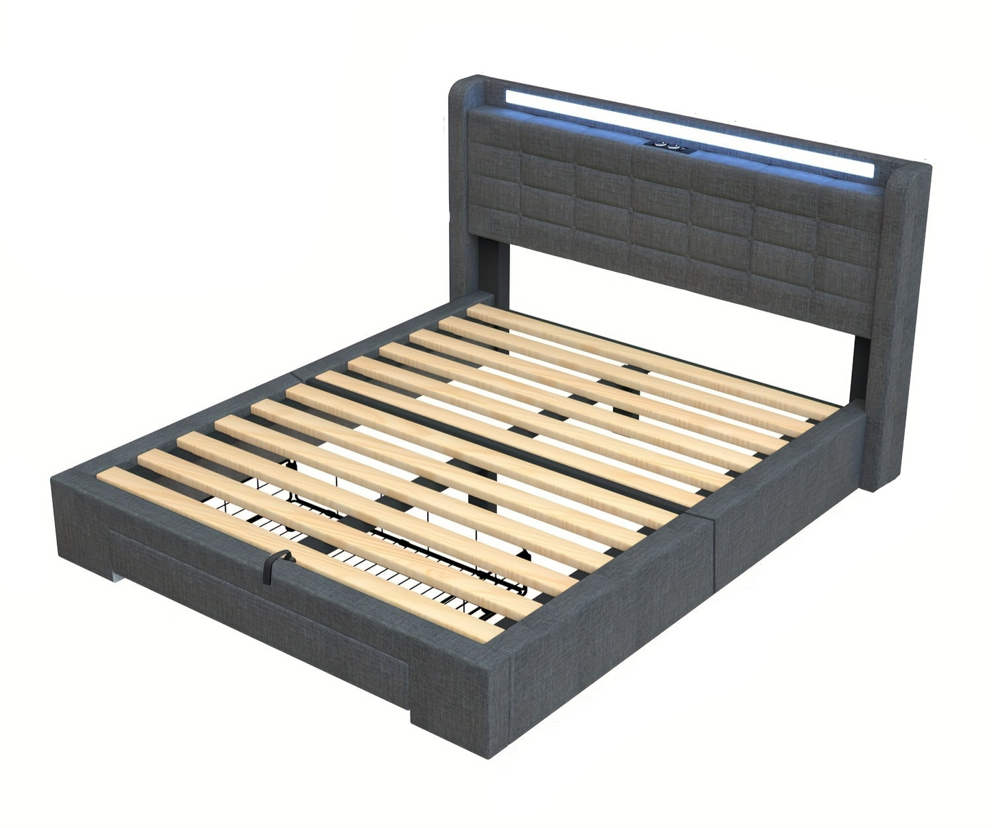 Opbergbed – Gestoffeerd Bed – Opbergbedden – Moderne Slaapbank – Opklapbed – Hydraulische Lift – LED Verlichting – 160x200 cm – Linnen Hoofdbord – Metaal Frame - Grijs
