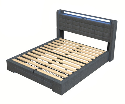 Opbergbed – Gestoffeerd Bed – Opbergbedden – Moderne Slaapbank – Opklapbed – Hydraulische Lift – LED Verlichting – 160x200 cm – Linnen Hoofdbord – Metaal Frame - Grijs