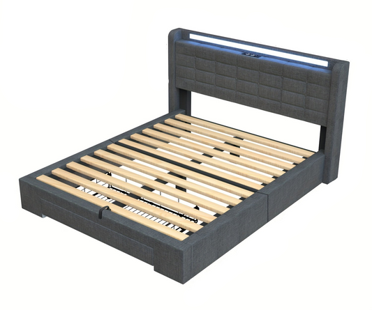Opbergbed – Gestoffeerd Bed – Opbergbedden – Moderne Slaapbank – Opklapbed – Hydraulische Lift – LED Verlichting – 160x200 cm – Linnen Hoofdbord – Metaal Frame - Grijs