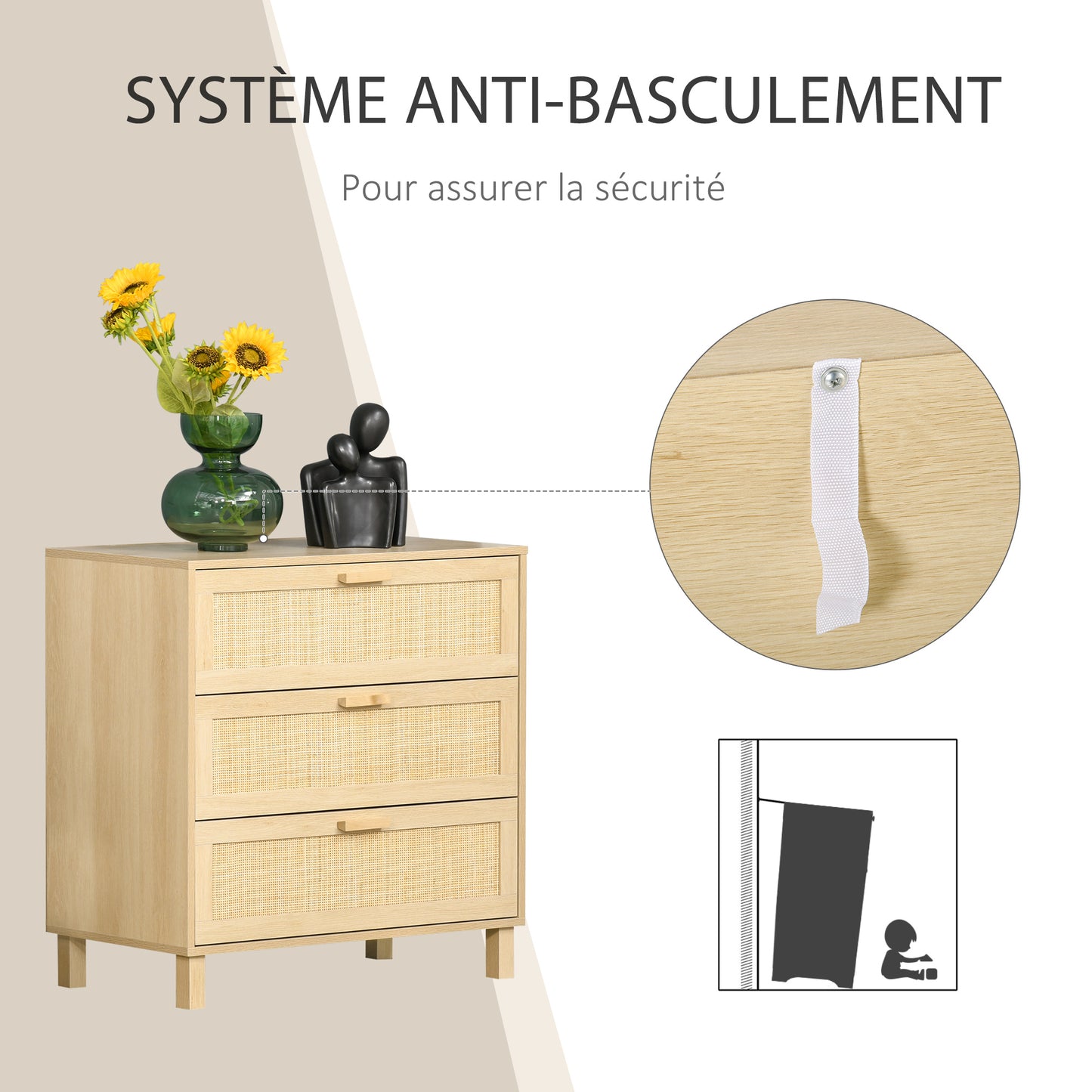 Opbergkast – Ladekast – Commode – Dressoir – Kast Beige – 3 Grote Lades – MDF Met Rotan Fronten