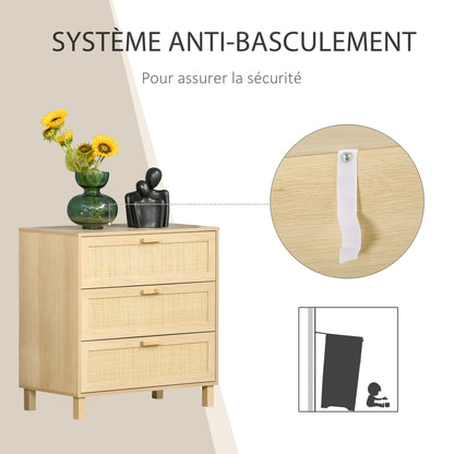 Opbergkast – Ladekast – Commode – Dressoir – Kast Beige – 3 Grote Lades – MDF Met Rotan Fronten