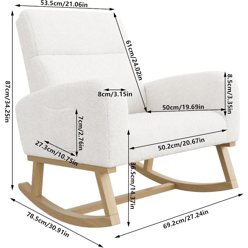 Schommelstoel – Schommelstoel met Wol – Loungestoel – Relaxstoel – Wit – Zachte Schapenwolvulling – Hoge Ergonomische Rugleuning