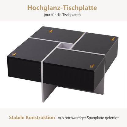 Salontafel – Koffietafel – Bijzettafel – Woonkamertafel – Tafeltje – Hoogglans Zwart-Wit – 70x70x35 cm – Met Opbergruimte en 4 Laden