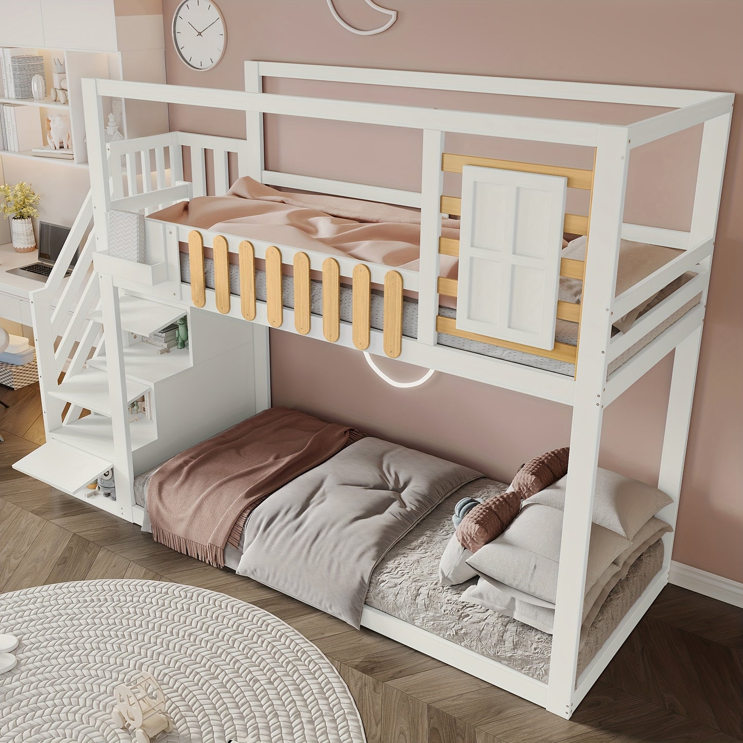 Hoogslaper – Kinderbed – Zolderbed – Stapelbed – Eenpersoonsbed – Met Bureau En Opbergruimte – Ruimtebesparend 90x200 cm – Wit