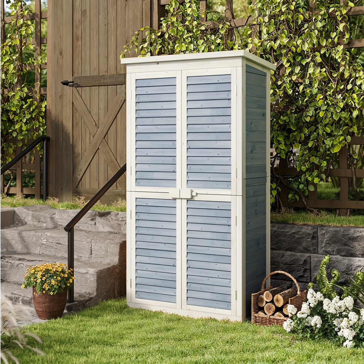 Houten Tuinkast – Tuinkast Met Schuifdeuren – Tuinberging – Buitenkast – Opbergkast – Grijs – 2-Laags Met Ruime Legplanken – Stevig Houten Materiaal