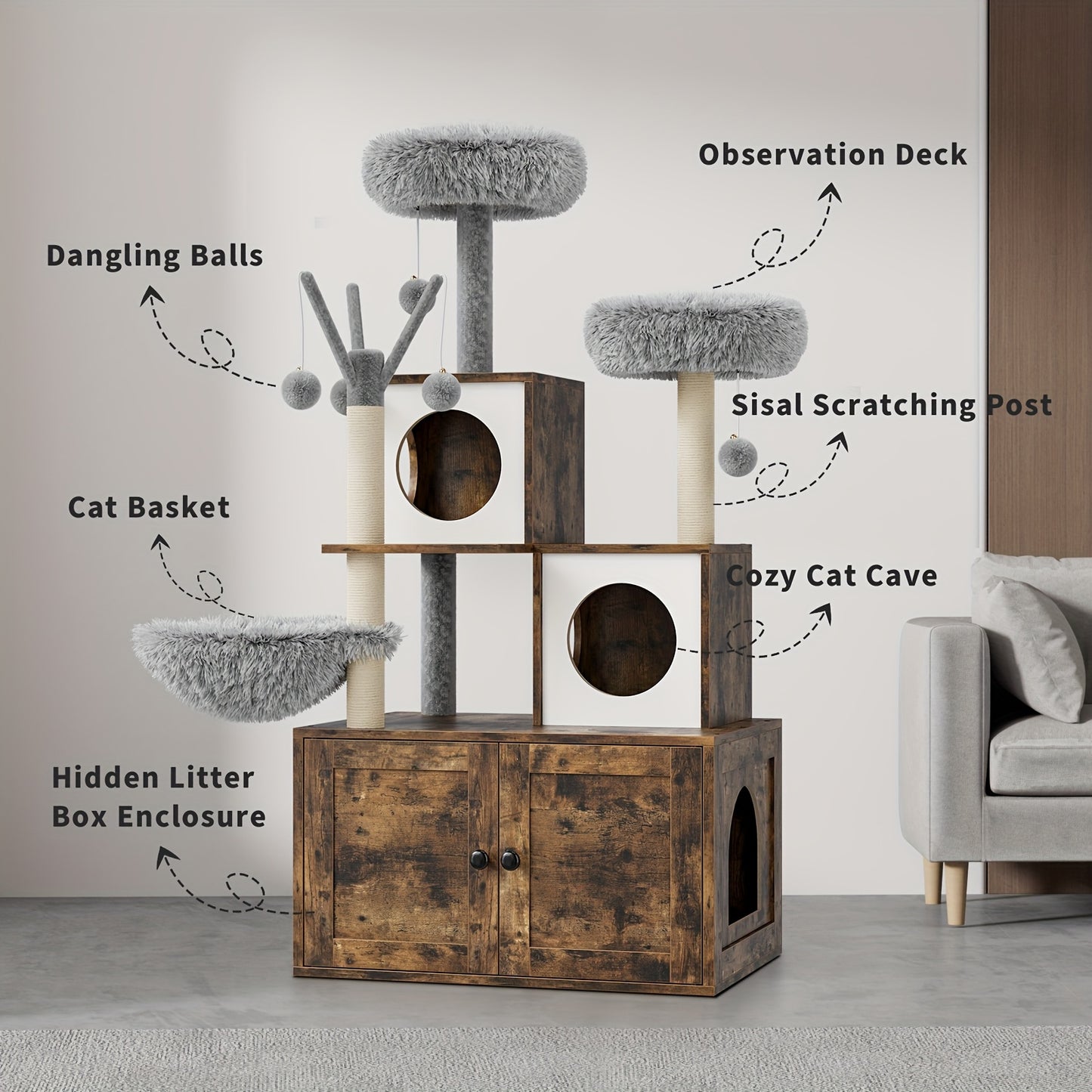 3-in-1 Kattenmeubel – Krabpaal – Kattenboom – Kattenhuis – Kattenmand – Verborgen Kattenbak – Zacht Pluche Bed – Compact Ruimtebesparend Design