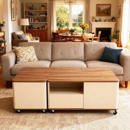 Salontafel – Woonkamertafel – Koffietafel – Bijzettafel – Tafeltje – Modern Bruin – Met Wieltjes & 2 Laden – Duurzaam Hout – Uitbreidbaar & Compact