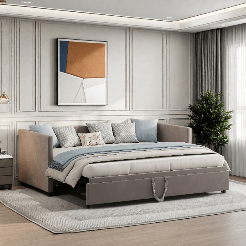 Bedbank – Slaapbank – Uitschuifbaar Bed – Sofa Bed – Tweezits Slaapbank – Uitschuifbaar 90/180x200 cm – Fluwelen Bekleding met Lattenbodem