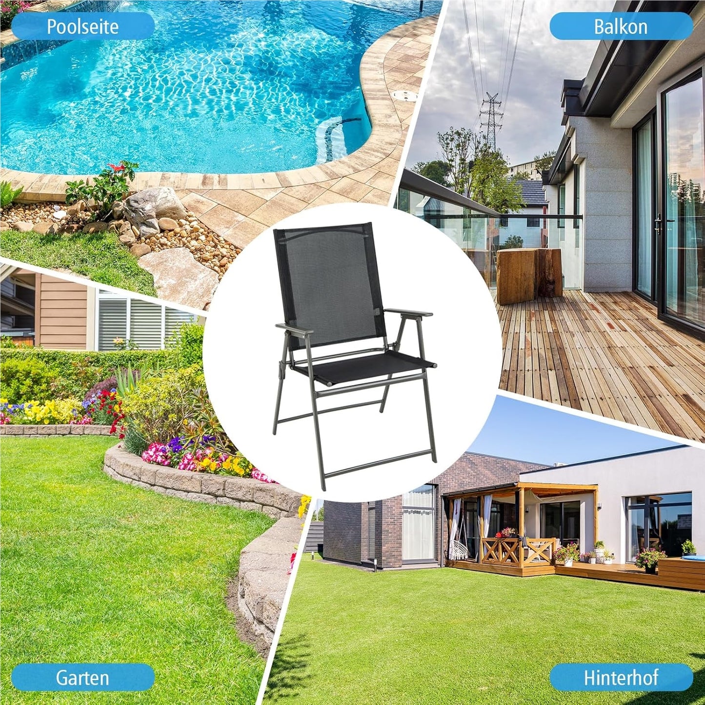 Tuinstoelen – Balkonstoelen – Terrasstoelen – Klapstoelen – Loungestoelen – Weerbestendig Stof – Maximaal 150 kg Draaggewicht – Set van 4 Zwarte Stoelen